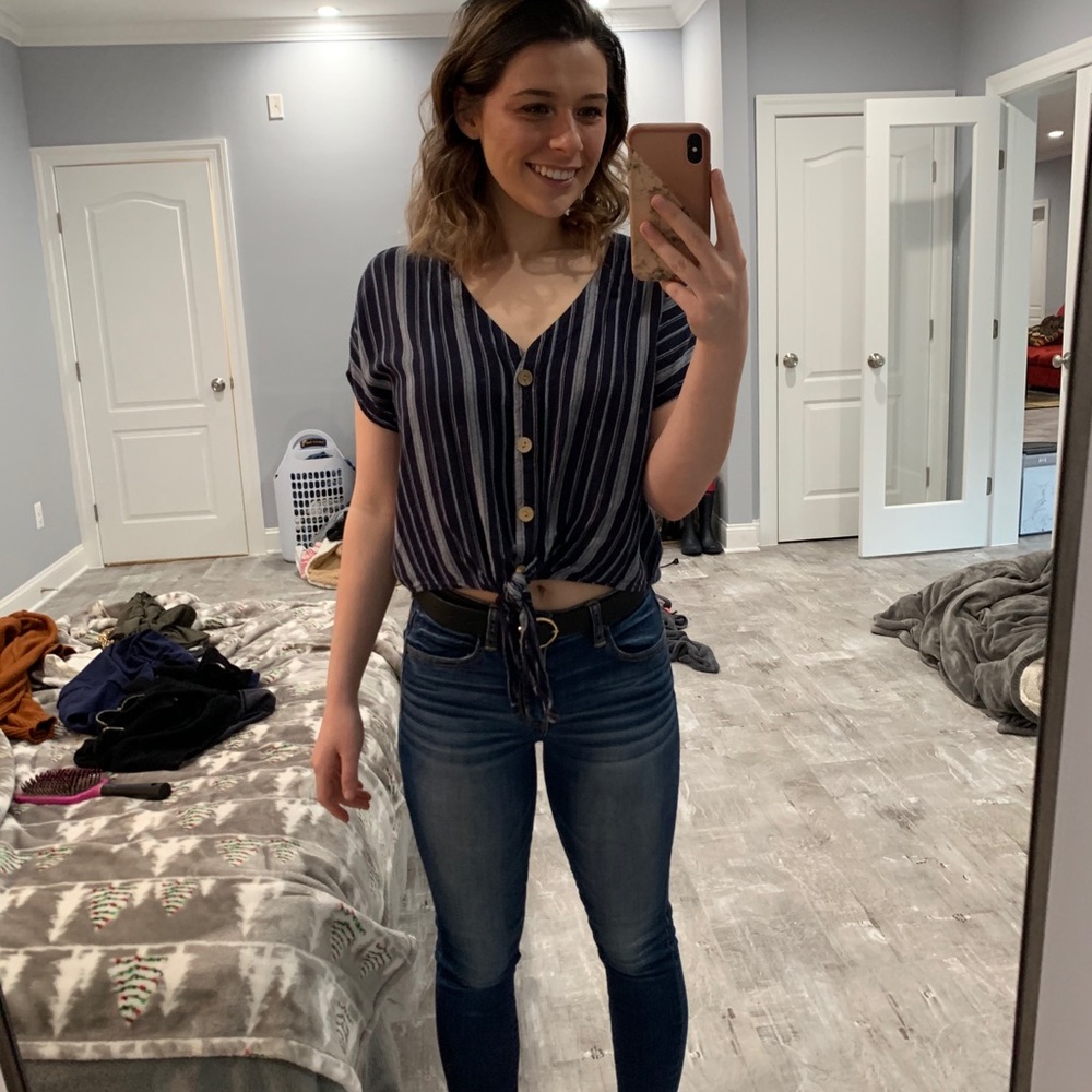90s style blue striped button up shirt